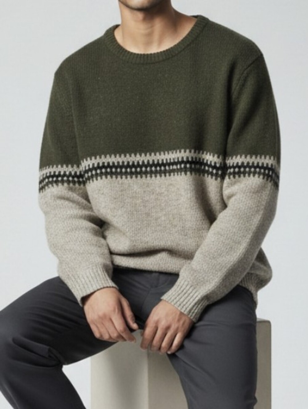 Cherokee Lambs Wool Blend Crewneck Sweater - Green and Gray. Large.